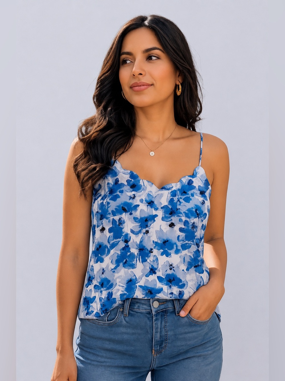 J.Crew Scalloped Floral Cami Tank Top Blue Watercolor Print Size 6 NWT